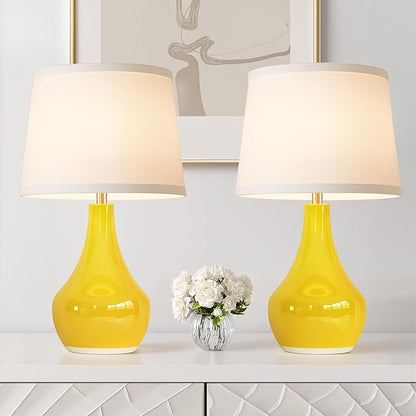 Seealle Modern Ceramic Table Lamps for Night Stands - Bedside Lamps Set of 2 for Nightstand,Yellow Bedroom Lamp for Living Room Cute Desk End Table Office Guest Room Dresser Rocker Swtich