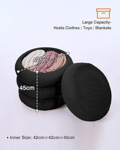 Round Set of 2 Sherpa Storage Ottoman Stool Boucle Vanity Stool Footstool with Removeable lid Load up to 440 lbs for Livingroom Bedroom Black UASND68B