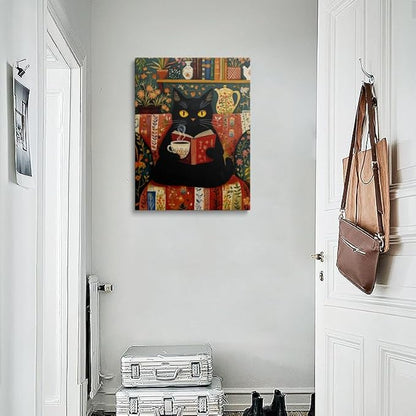 Black Cat Wall Art Canvas Reading Cat Artwork Cozy Library Illustration Vintage Folk Style Animal Painting Cottagecore Home Decor For Living Room Bedroom Study Office Book Lover Gift 12x16 Inches