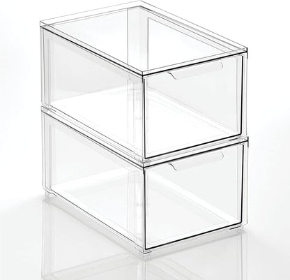 mDesign Plastic Stackable Bathroom Storage with Pull Out Bin Organizer Drawer for Cabinet, Vanity, Shelf, Cupboard, Cabinet, or Closet Organization - Lumiere Collection - 2 Pack - Clear