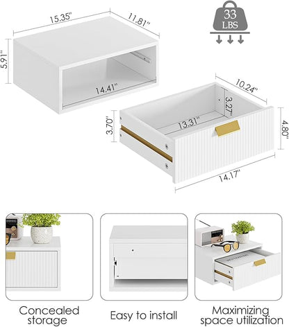 Floating Nightstand, Floating Shelf with Drawer, Wall Mounted Nightstand, Floating Bedside Table (White Stripe)