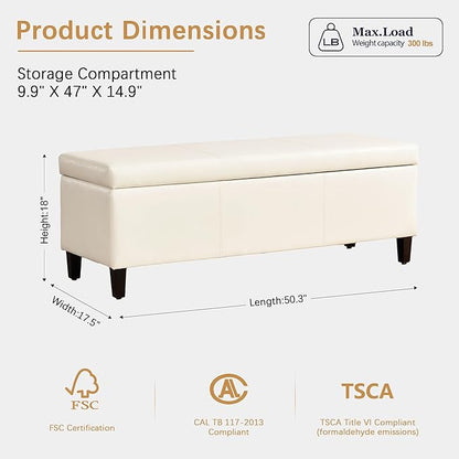 HUIMO Faux Leather Storage Ottoman Bench 50.3 inch Extra Long Upholstered Bedroom Bench with Large Storage Space for The Living Room, Entryway, Bedroom Hold Up to 300lbs (Cream)