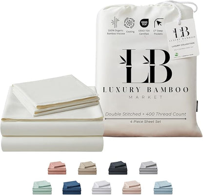 Luxury Bamboo Market | Queen Size Bed Sheet Set | 100% Viscose Made from Bamboo | Organically Grown | Ultra Soft | Cooling Sheets for Hot Sleepers | 17" Deep Pocket [Opulent Ivory]