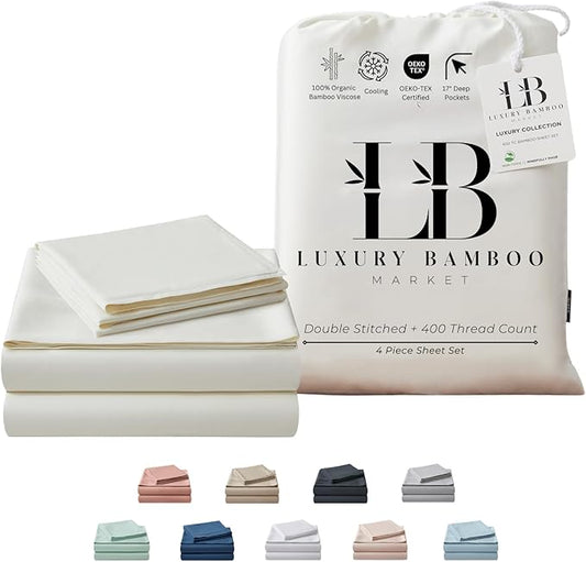 Luxury Bamboo Market | Queen Size Bed Sheet Set | 100% Viscose Made from Bamboo | Organically Grown | Ultra Soft | Cooling Sheets for Hot Sleepers | 17" Deep Pocket [Opulent Ivory]