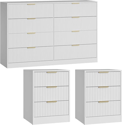8 Drawer Dresser & Nightstand Set 3-Piece, 55” Wide Tall Fluted Dresser and Night Stand Set of 2 with Metal Handle, Modern Wood Chest of Drawers Storage Dressers Set for Bedroom, White