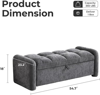 Oversized Chenille Ottoman Bench with Storage, Upholstered End of Bed Bench for Bedroom, Ottoman Foot Rest for Living Room, Dark Grey