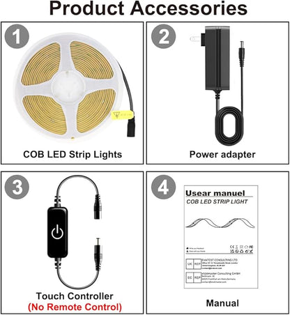 COB LED Strip,LED Strip Lights 3M/9.84ft,Touch Dimmable LED Strips,CRI90+,6000K Natural White cob led,1600LEDs,24V LED Tape Lights,Indoor for Bedroom, Kitchen, TV, Mirror,Cabinet