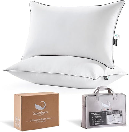 Goose Feather Down Fiber King Pillows 2 Pack, Luxury 3-Chamber Pillows with Soft & Down-Proof Cover, Fluffy Plush Hotel Collection Bed Pillows for Side, Back & Stomach Sleepers, 20"x36"