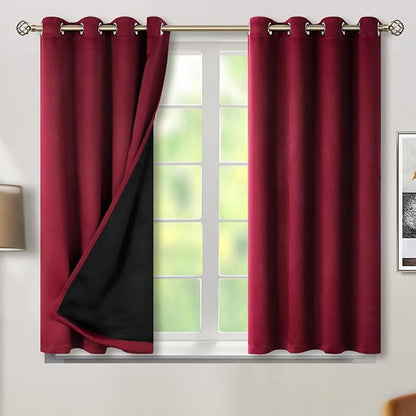 BGment Short 100% Blackout Curtains for Bedroom, Thermal Insulated Lined Energy Efficiency Noise Reducing Grommet Curtains 54 Inch Length for Small Window 2 Panels Each 52 Inch Wide, Burgundy Red