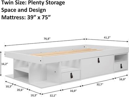 memomad Bali Storage Platform Bed with Drawers (Twin Size, Off White)