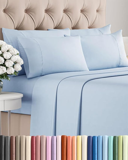 Cal King 6 Piece Sheet Set - Cooling, Comfy & Breathable - Hotel Luxury Bedding, Includes Fitted Sheet for Women, Men, Kids & Teens - 1 Flat, 1 Fitted Sheet, 4 Pillowcases w/Deep Pockets - Sky Blue