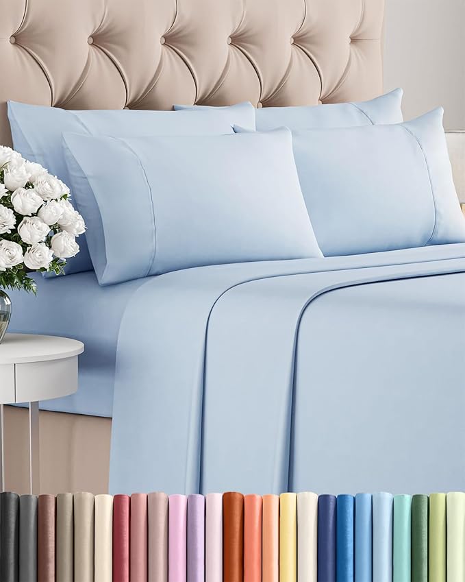 Queen 6 Piece Sheet Set - Cooling, Comfy & Breathable - Hotel Luxury Bedding, Includes Fitted Sheet for Women, Men, Kids & Teens - 1 Flat, 1 Fitted Sheet, 4 Pillowcases with Deep Pockets - Sky Blue