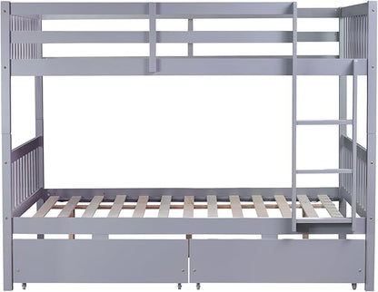 Full Over Full Bunk Bed with Storage Drawers,Convertible Bunk Beds with Ladder & Safety Guardrails,Full Size Bunk Beds for Kids Girls Boys,Grey