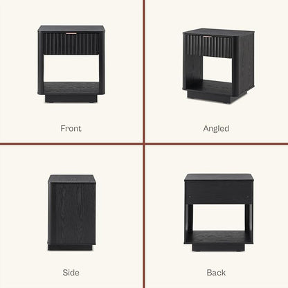 mopio Brooklyn Fluted Nightstand, Modern Farmhouse Nightstand, Small Side, Wood Bedside Table with Drawer, End Table with Storage, Fluted Night Stand, Curved Profile (Black Oak, Set of 2)