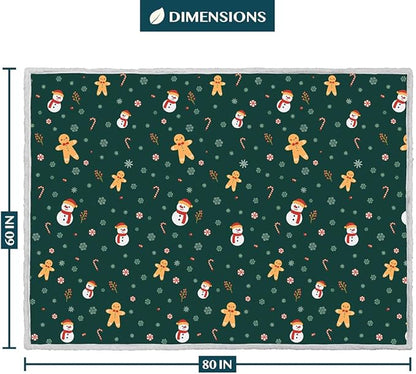 PAVILIA Green Christmas Sherpa Throw Blanket, Gingerbread Snowman Holiday Pattern, Soft Reversible Fleece & Sherpa 60x80 Winter Blanket for Couch & Bed, Cozy Christmas Decor