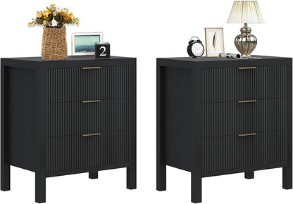 End Table with Storage, Wooden Farmhouse Nightstands with 3 Drawers, Bedside Table - Boho Tall Side Table Accent for Bedroom, Living Room, Black