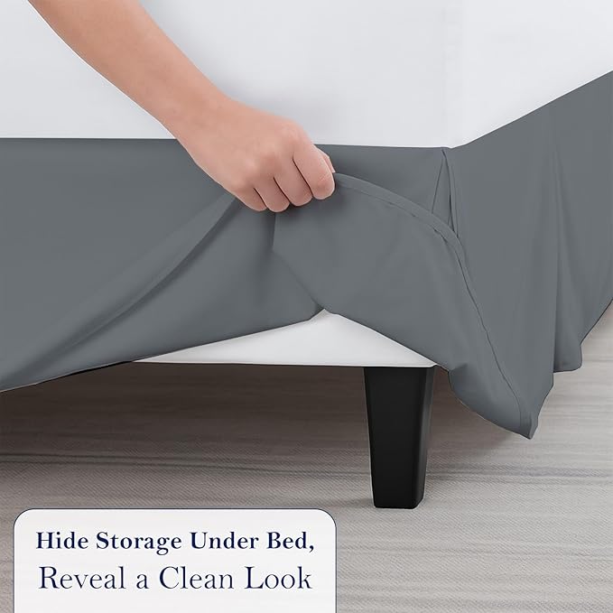 Queen Bed Skirt, Luxury 14 Inch Drop Dark Grey Pleated Bed Skirt, Double Brushed Microfiber, Box Pleat Design, Wrinkle & Fade Resistant, Easy Fit Tailored Bedskirt for Queen Size Beds