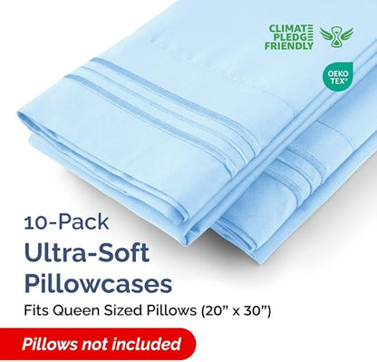 Queen Pillow Cases Set of 10 - Ultra Soft Hotel Quality Pillowcase Covers - Comfy, Cozy & Wrinkle Free - Shrink, Stain & Fade Resistant - Machine Washable Pillow Protectors - 10 Piece Set - Light Blue
