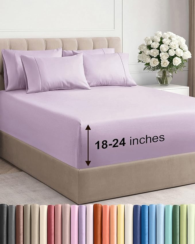 Extra Deep King Sheet Set - 6 Piece Breathable and Cooling Sheets - Hotel Luxury Bed Sheets Set - Easy Fit - Soft, Wrinkle Free and Comfy Sheets Set - Light Lavender Sheet Set with Extra Deep Pockets