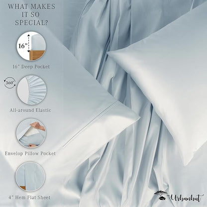 URBANHUT 800 Thread Count 100% Cotton Queen Size Sheets, Luxury 4 Piece Queen Bedsheets, Hotel Sheets Sateen Finish - Better Than Egyptian, 16" Elasticized Deep Pocket - Light Blue