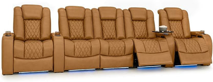 Seatcraft Diamante Zero-Gravity CoolZero Italian Leather Home Theater Seating, Power Headrest, Power Recline, Row of 5 Middle Sofa, Tan Oak