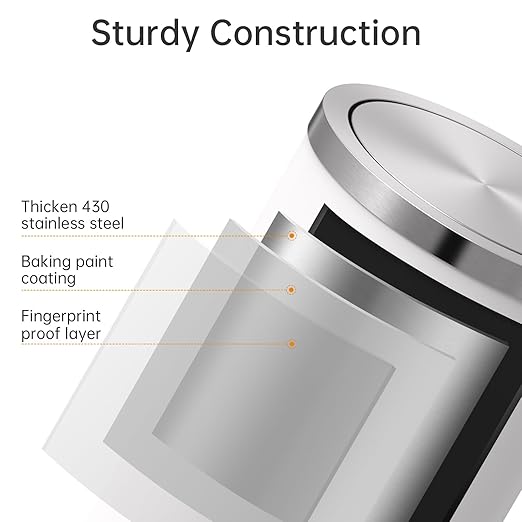 Mbillion Small Trash Can with Swing Lid 2.4 Gallons/9 Liter, Mini Trash Can with lid, Stainless Steel Cylindrical Garbage Can for Home and Office Bathroom Bedroom, for Ground and Desktop White