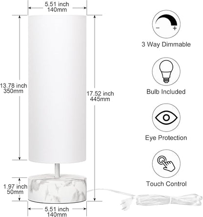 Touch Table Lamp with Metal Base Covered with Marble Grain, 3 Way Dimmable Modern Bedside Nightstand Lamp with White Shade, Simple Night Light for Bedroom Living Room Home Office, LED Bulb Included
