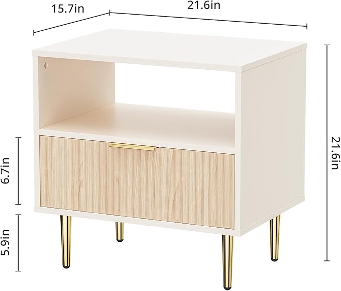 Nightstand with Drawer, End Table with Storage, Side Table with Open Space, Bed Side Table for Bedroom, Modern Nightstand with Golden Handle for Bedroom, Living Room, Oak