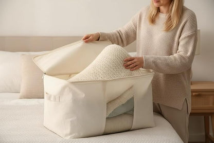 Soft Canvas Clothes Storage Bags with Four Carrying Handles and Clear Window, Closet Organizer for Clothing, Blankets Sheets Pillows and Bedding, 55L, 4 Pack, White