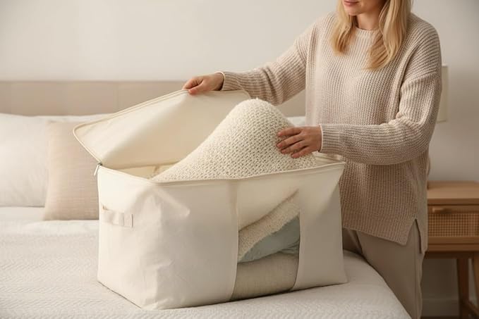 Soft Large Canvas Comforter Storage Bags with Four Carrying Handles and Clear Window, Closet Organizer for Clothing, Blankets Sheets Pillows and Bedding, 80L, 4 Pack, White