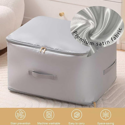 Ultra Space Saving Self Compression Organizer, 3-Layer Zipper Large Capacity Storage Bag, Thick Satin Fabric Heavy Duty Bags for Comforters Blankets Bedding Duvet (Gray, X-Large, 2PCS)