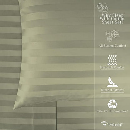 URBANHUT 800 Thread Count 100% Cotton Damask King Size Sheets, 4 Piece Striped King Size Bedsheets, Luxury Hotel Sheets Sateen Weave - Better Than Egyptian, 16" Elasticized Deep Pocket- Sage