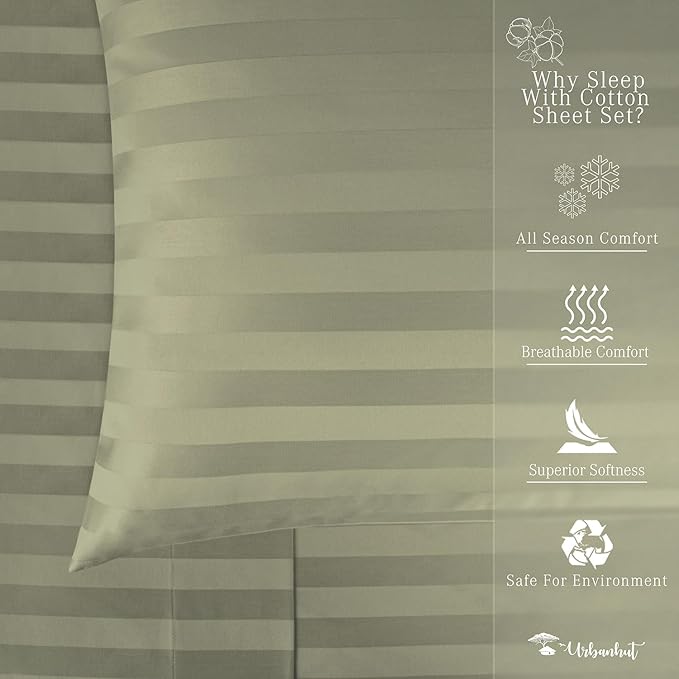 URBANHUT 800 Thread Count 100% Cotton Damask Queen Size Sheets, 4 Piece Striped Queen Size Bedsheets, Luxury Hotel Sheets Sateen Weave - Better Than Egyptian, 16" Elasticized Deep Pocket- Sage