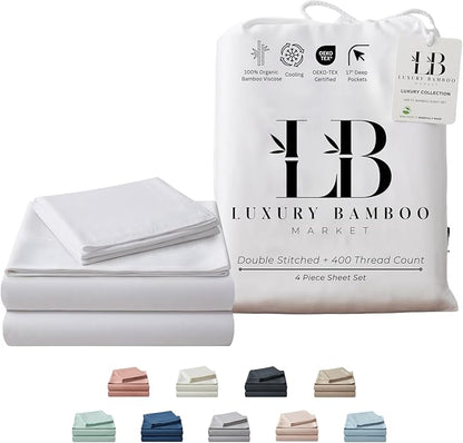 Luxury Bamboo Market | Queen Size Bed Sheet Set | 100% Viscose Made from Bamboo | Organically Grown | Ultra Soft | Cooling Sheets for Hot Sleepers | 17" Deep Pocket [Classic White]