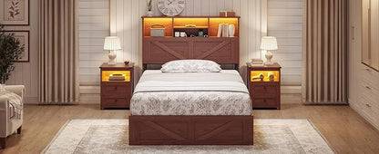 AOGLLATI Twin Bed Frame with 4 Storage Drawers and Charging Station, Farmhouse Wooden Led Twin Bed with Storage Hidden Space Headboard and Metal Slats,Mahogany