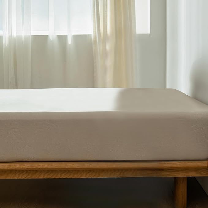 MooMee Fitted Bottom Sheet Only 100% Washed Cotton Linen Like Textured Breathable Durable Soft Comfy Deep Pocket Fits Mattress up to 17" (Tannish Linen Grey, California King)