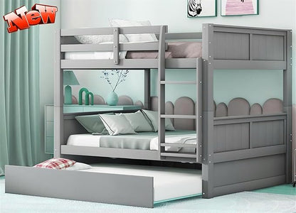 TSAMPA Latest Upgraded & Stronger Heavy Duty Solid Wood Full Over Full Bunk Bed with Trundle, Thickened Safer Convertible Bunk Bed Frame Full Over Full Size Bunk Bed (Easier to Assemble) (Gray), Grey