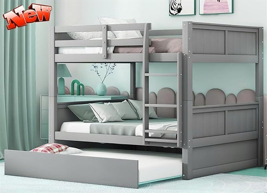 TSAMPA Latest Upgraded & Stronger Heavy Duty Solid Wood Full Over Full Bunk Bed with Trundle, Thickened Safer Convertible Bunk Bed Frame Full Over Full Size Bunk Bed (Easier to Assemble) (Gray), Grey