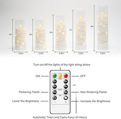 Flameless LED Candles with Timer 5 Pc Flickering Flameless Candles for Romantic Ambiance and Home Decoration Stable Acrylic Shell,with Embedded Star String，Battery Operated Candles（White）