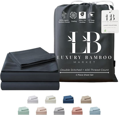 Luxury Bamboo Market | Queen Size Bed Sheet Set | 100% Viscose Made from Bamboo | Organically Grown | Ultra Soft | Cooling Sheets for Hot Sleepers | 17" Deep Pocket [Charcoal Grey]