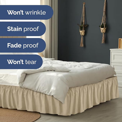 Wrap Around Dust Ruffle Bed Skirt - Beige - for Queen Size Beds with 18 Inch Drop - Easy Fit Elastic Strap - Adjustable Pleated Bedskirt w/Brushed Fabric - Wrinkle Free - for Women, Men, Kids & Teens