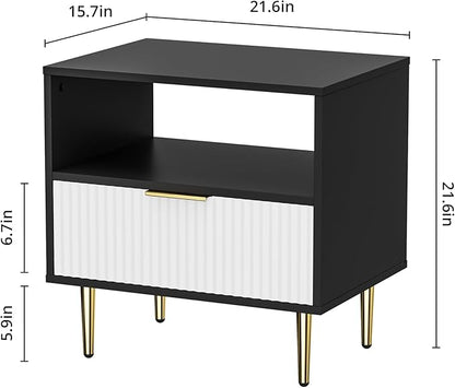 Nightstand with Drawer, End Table with Storage, Bed Side Table with Open Space for Bedroom, Modern Nightstand with Golden Handle, Side Night Stand for Bedroom, Living Room, Black & White