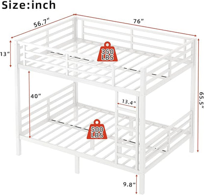 Full Over Full Bunk Bed Frame, Heavy Duty Metal Loft Bed for Adults/Teens, 350/500LB Capacity w/Ladder & Guardrail, Noise-Free Steel Slats, No Box Spring Required, White