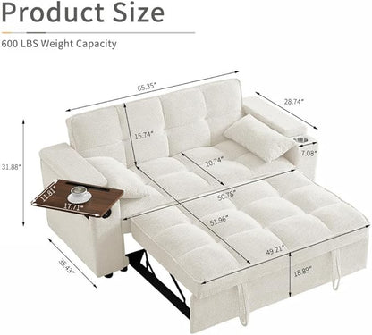 65'' Convertible Sleeper Sofa Bed with Adjustable Backrest, Chaise Lounge, Side Table & USB/Type-C Ports – Stylish & Functional Addition to Any Living Room (Modern Beige Sofa Bed)