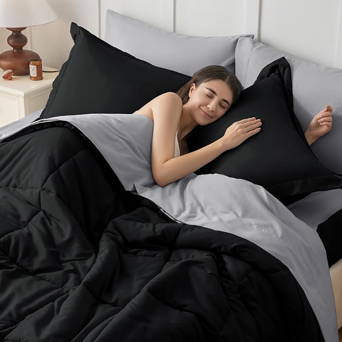 JOLLYVOGUE Twin Comforter Set, Ultra-Soft Bed in a Bag Twin Size 5 Pieces, Oeko-TEX Certified Bedding Set with Down Alternative Comforter, Sheets, Pillowcases & Shams, Black & Light Grey