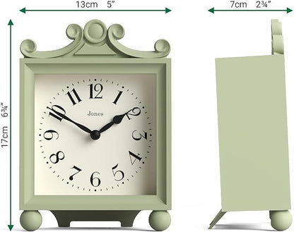 JONES CLOCKS® Parlour Mantel Clock | Classic Carriage Clock | Sage Green | Elegant Square Decorative case, Perfect for Mantel, Shelf, Table or Bedside
