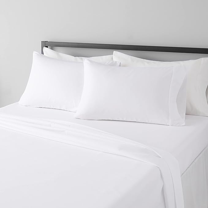 Amazon Basics 4 Piece Microfiber Lightweight Wrinkle-free Breathable Bed Sheet Set, Super Soft Easy Care, 14" Deep Pockets, Queen, Bright White, Solid