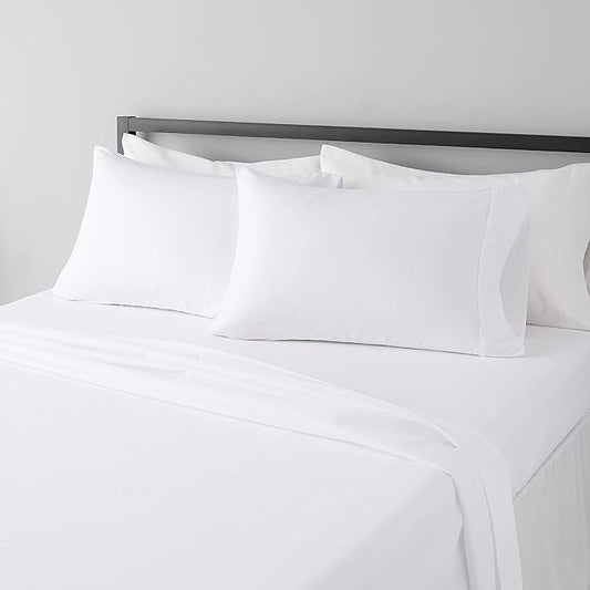 Amazon Basics 4 Piece Microfiber Lightweight Wrinkle-free Breathable Bed Sheet Set, Super Soft Easy Care, 14" Deep Pockets, Queen, Bright White, Solid