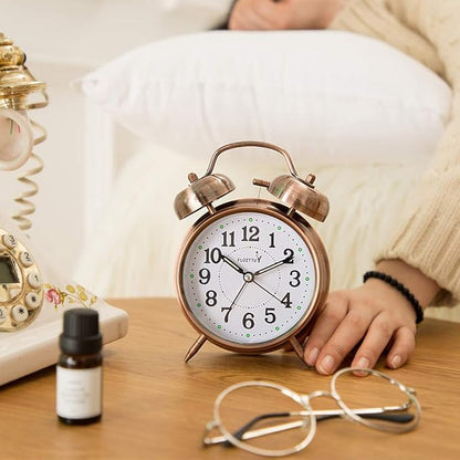 {Loud Alarm for Deep Sleepers) 4'' Twin Bell Alarm Clock with Backlight for Bedroom and Home Decoration(Red-Brown)