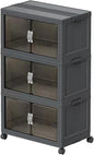 Stackable Storage Bins, Plastic Storage Bins with Lid and Wheels, Collapsible Storage Containers with Magnetic Doors, Foldable Storage Boxes for Home, Pantry, Office (M, Gray 3-Tier)